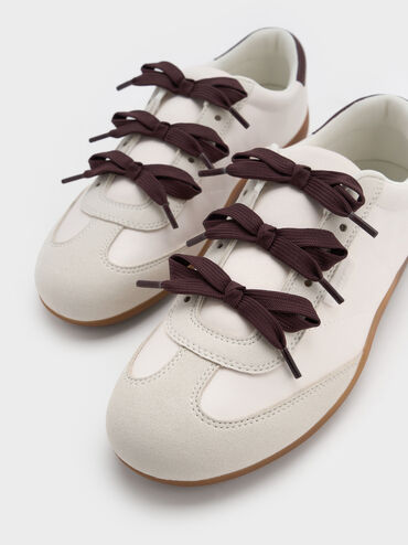 Satin Textured Contrast-Panel Triple-Bow Sneakers, Chalk, hi-res