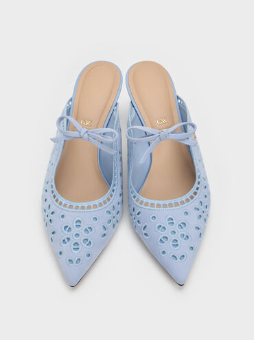 Leather Embroidered Heeled Mules, Light Blue, hi-res