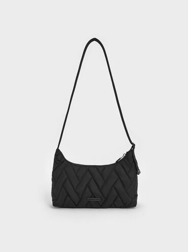 Nylon Chevron Shoulder Bag, Jet Black, hi-res