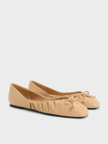 Ruched Bow Ballet Flats, Sand, hi-res