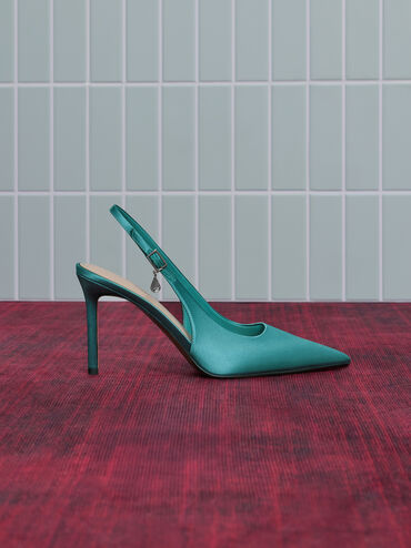 Satin Teardrop-Crystal Stiletto-Heel Slingback Pumps, Teal, hi-res