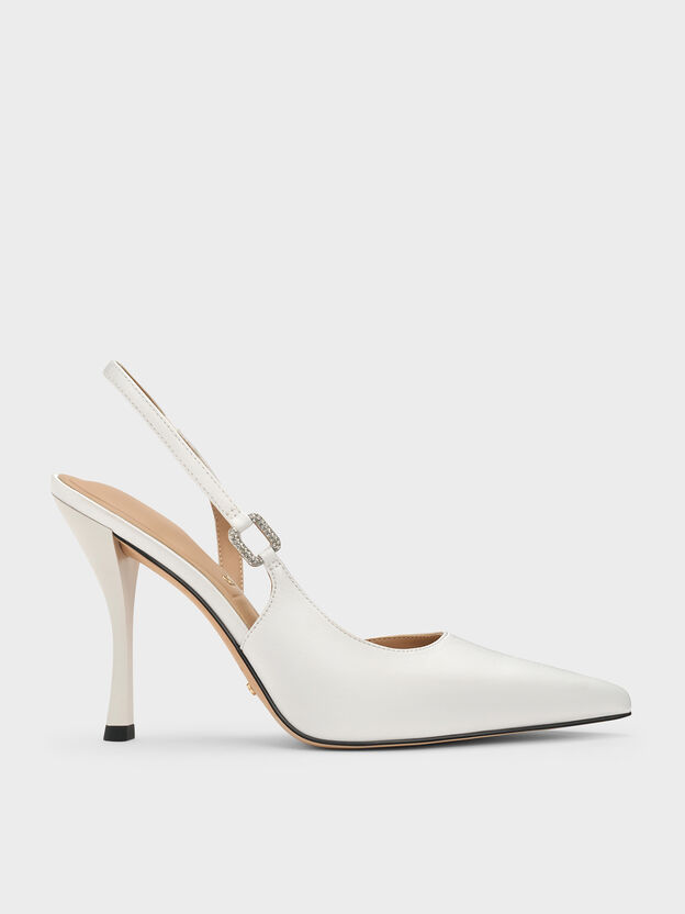Crystal-Buckle Slingback Pumps, White, hi-res