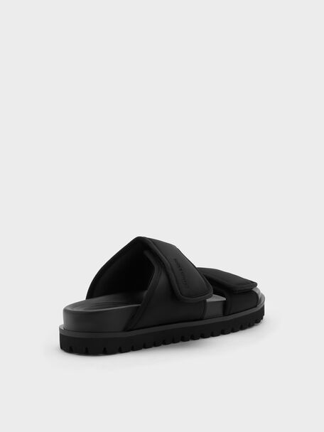Nylon Double-Strap Flatform Sandals, Black Textured, hi-res