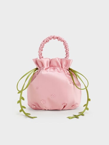 Mabel Satin Floral-Vine Bucket Bag, Pink, hi-res
