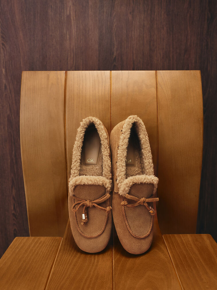Gavyn Suede Shearling-Lined Boat Shoes, Brown, hi-res
