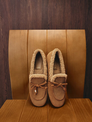 Gavyn Suede Shearling-Lined Boat Shoes, Brown, hi-res