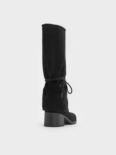 Faux Suede Tie-Around Knee-High Boots, Black Textured, hi-res