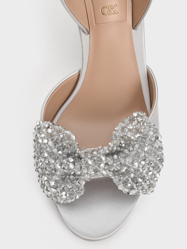 Beaded Bow Slingback Pumps, Silver, hi-res