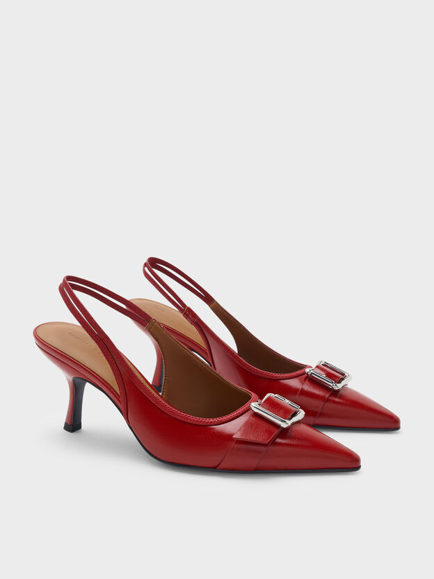 Anita Buckled Pointed Slingback Pumps, Red, hi-res