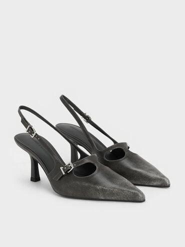 T-Bar Pointed-Toe Slingback Pumps, Black, hi-res