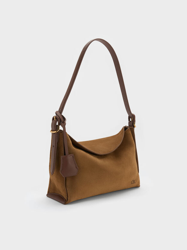 Leather & Suede Top-Flap Hobo Bag, Brown, hi-res