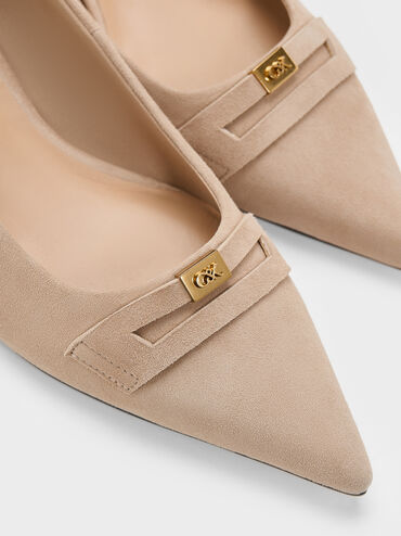 Georgina Suede Pointed-Toe Kitten-Heel Pumps, Taupe, hi-res