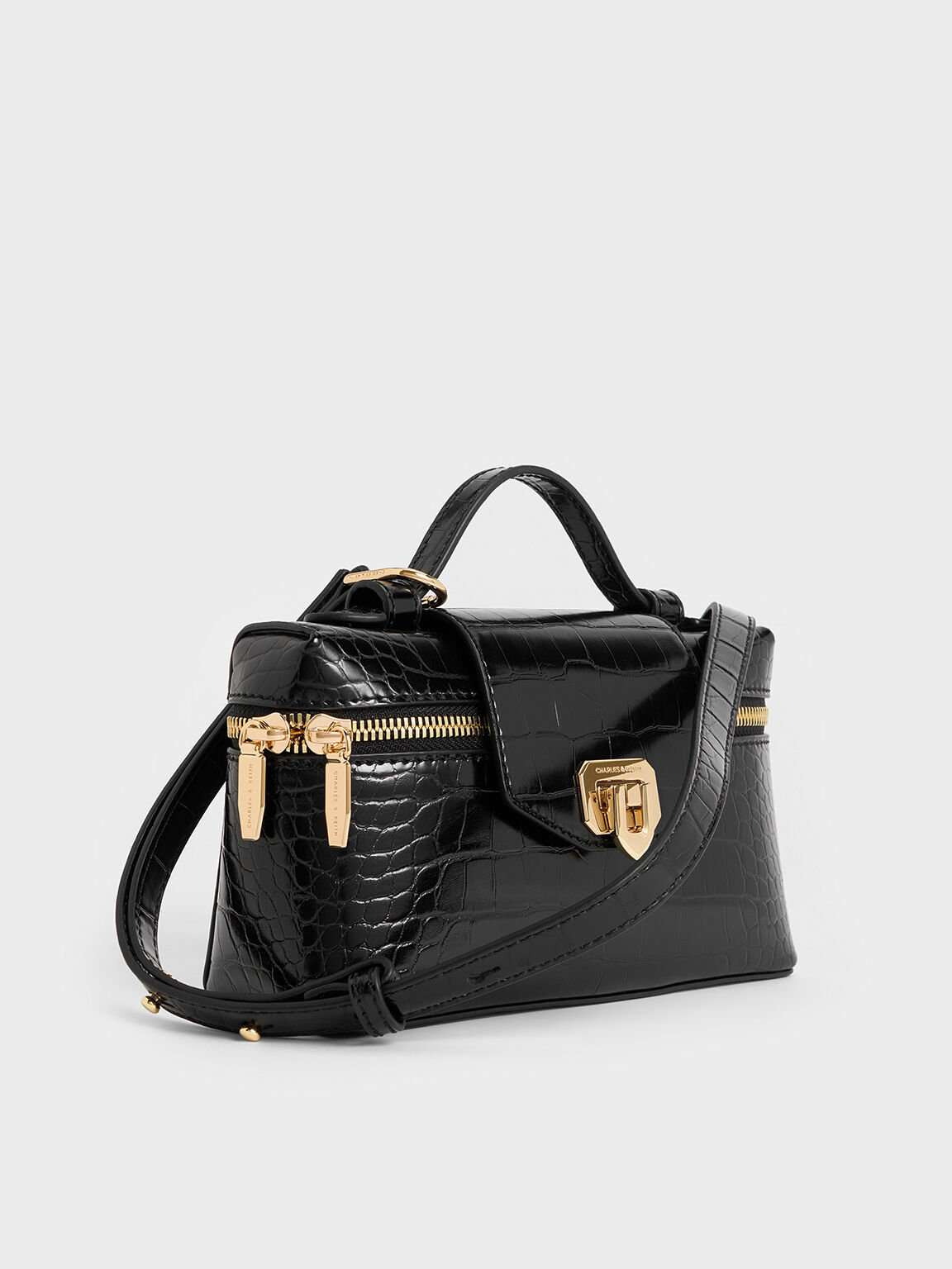 Black Arwen Croc-Effect Top Handle Vanity Bag - CHARLES & KEITH UK