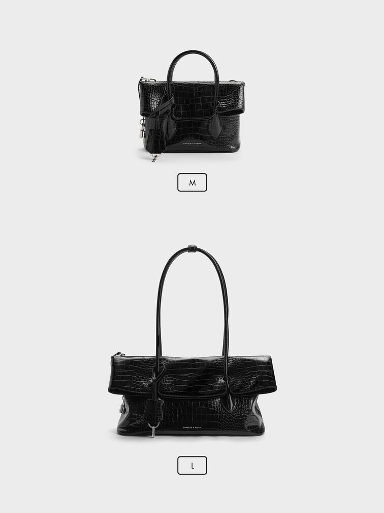 Aveline Croc-Effect Front-Flap Crossbody Bag, Black Croco, hi-res