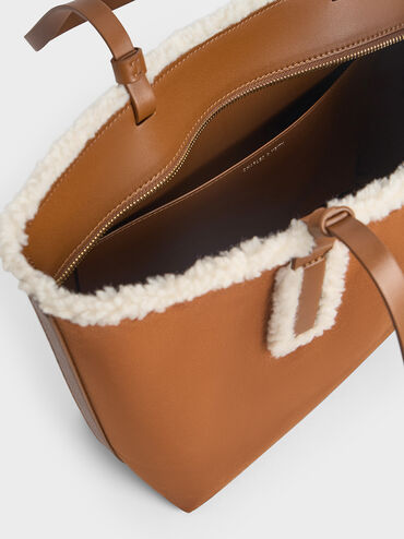 Noelle Faux Suede Fur-Trim Tote Bag, Brown, hi-res