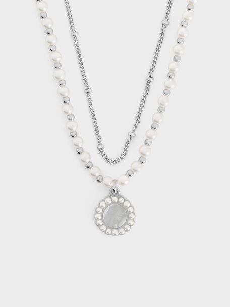 Pearl & Gemstone Double-Chain Necklace, Light Blue, hi-res
