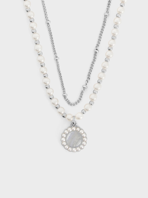 Pearl & Gemstone Double-Chain Necklace, Light Blue, hi-res
