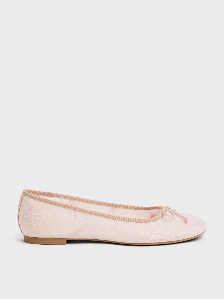 Embroidered-Mesh Bow Ballet Flats, Light Pink, hi-res