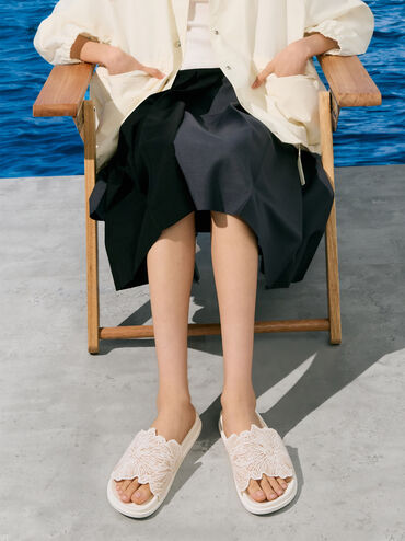 Meja Floral Slide Sandals, White, hi-res