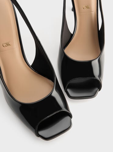 Kyra Leather Peep-Toe Slingback Heels, Black Box, hi-res