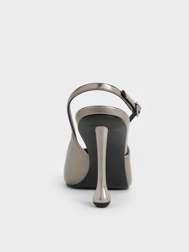 Metallic Sculptural-Heel Pointed Pumps, Pewter, hi-res