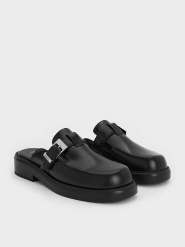 Leather Buckled Mules, Black, hi-res