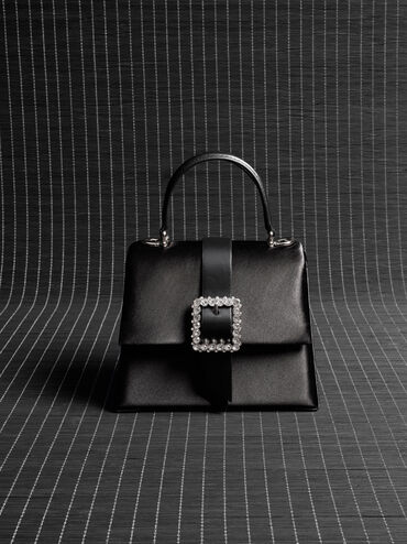 Satin Crystal-Buckle Belted Top Handle Bag, Noir, hi-res