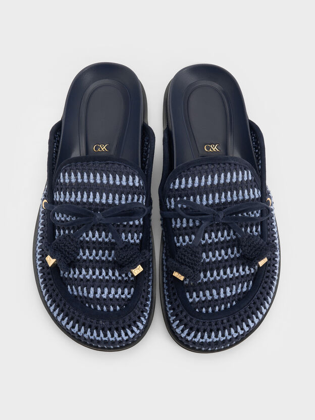 Crochet & Suede Flower Mules, Blue, hi-res