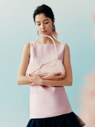 Hazel Bow Panelled Shoulder Bag, Soft Pink, hi-res