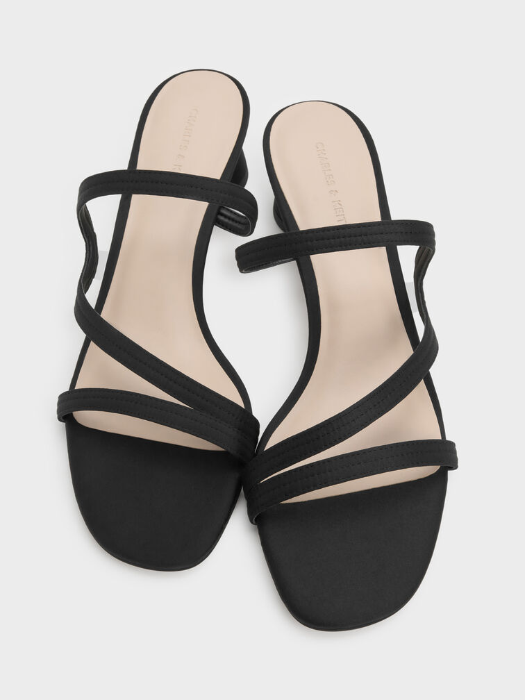 Arden Satin Wavy Strap Mules, Black, hi-res
