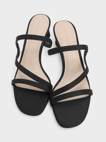 Arden Satin Wavy Strap Mules, Black, hi-res