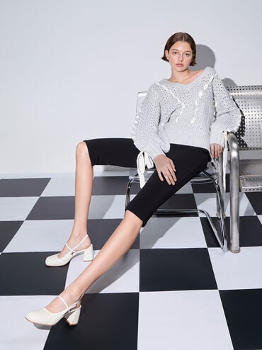 Bow Slingback Mary Jane Pumps, White, hi-res