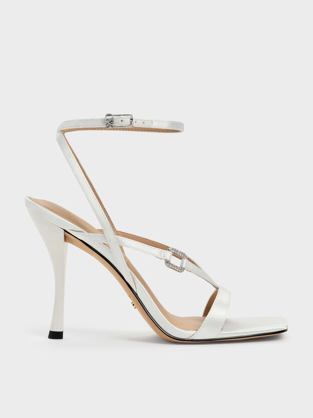 Crystal-Buckle Ankle-Strap Heels, White, hi-res