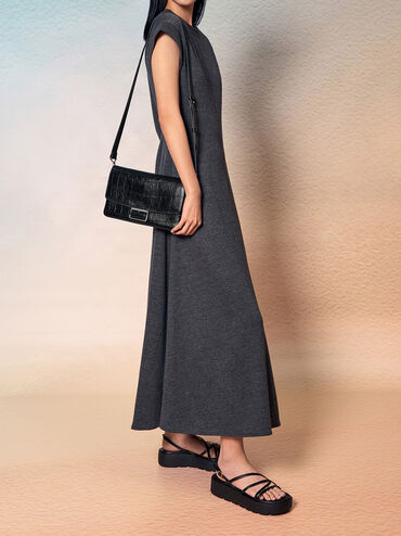 Liv Croc-Effect Grommet Chain-Handle Shoulder Bag, Noir, hi-res