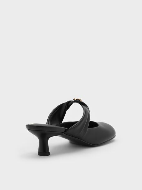Metallic-Accent Twisted-Strap Heeled Mules, Black, hi-res