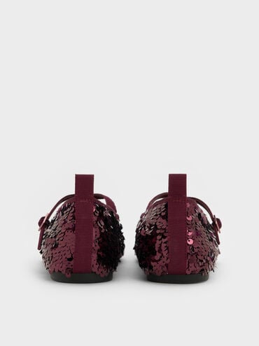 Sequinned Crossover Mary Jane Flats, Burgundy, hi-res