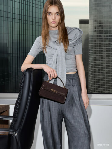 Arlet Recycled Suede Belted Top Handle Bag, Espresso Brown, hi-res