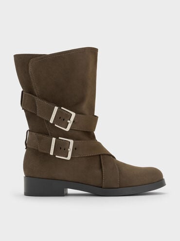 Brett Faux Suede Buckle-Strap Calf Boots, Dark Brown Textured, hi-res