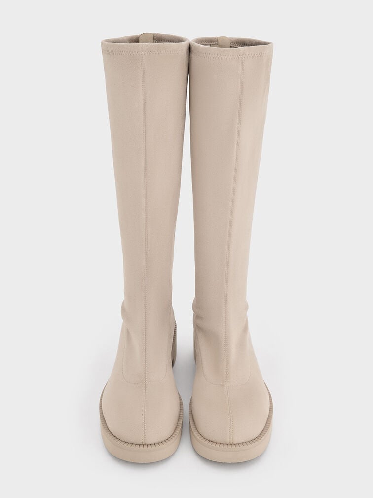 Faux Suede Chunky-Sole Knee-High Boots, Beige, hi-res