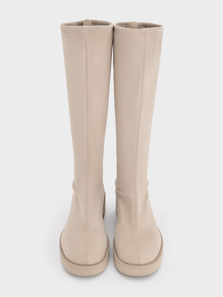 Faux Suede Chunky-Sole Knee-High Boots, Beige, hi-res