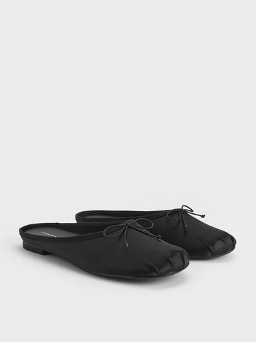 Satin Bow Flat Mules, Black Textured, hi-res