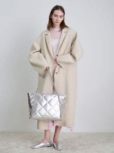 Apfra Metallic Quilted Chain-Embellished Tote Bag, Silver, hi-res