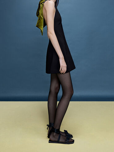 Satin Bow Tie-Around Flat Sandals, Black Textured, hi-res