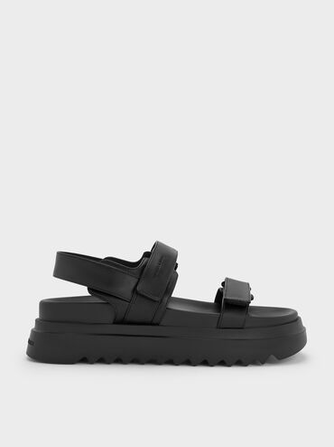 Double-Strap Ridged-Sole Flatform Sandals, Black, hi-res