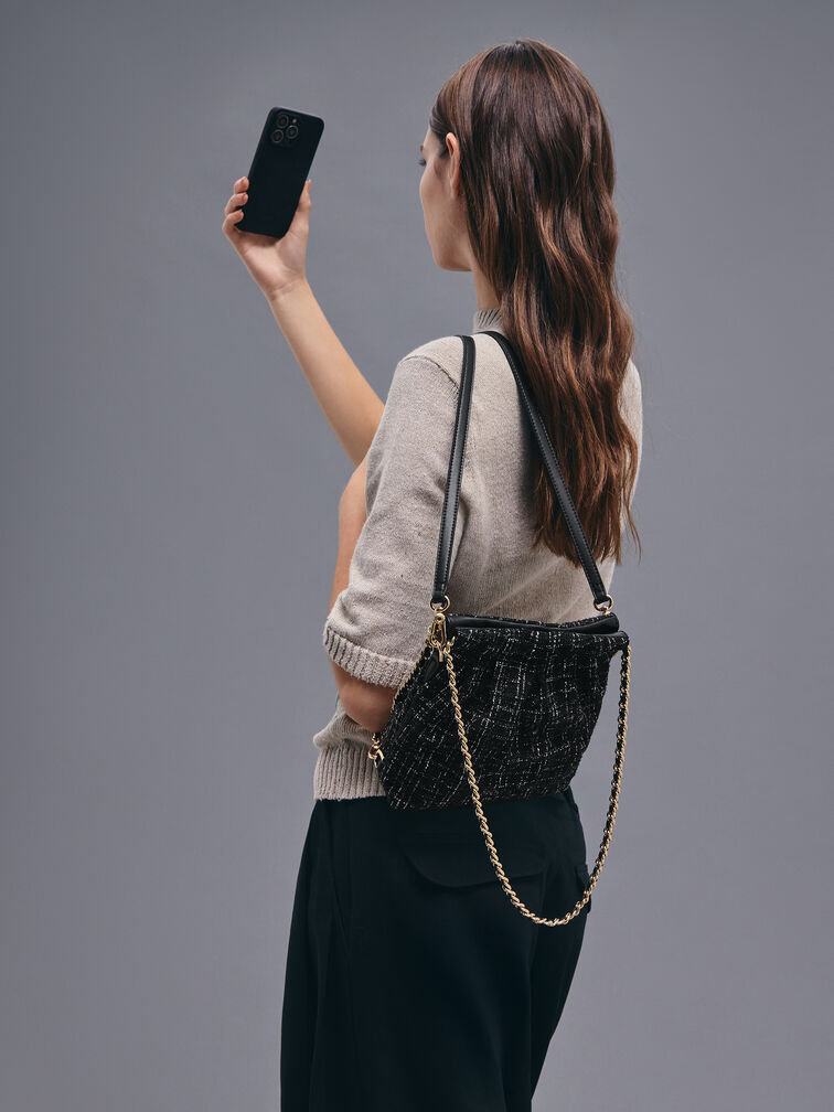 Duo Tweed Chain-Handle Two-Way Backpack, Black Tweed, hi-res