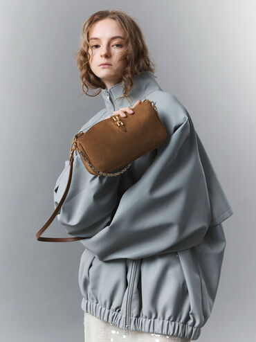 Adalyn Recycled Suede Metallic-Buckle Chain-Handle Shoulder Bag, Mocha Brown, hi-res