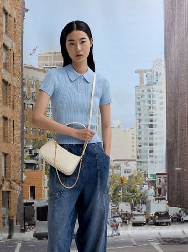 Elspeth Croc-Effect Chain-Link Shoulder Bag, Cream Croco, hi-res