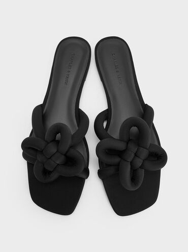 Clover-Knot Slide Sandals, Black Textured, hi-res