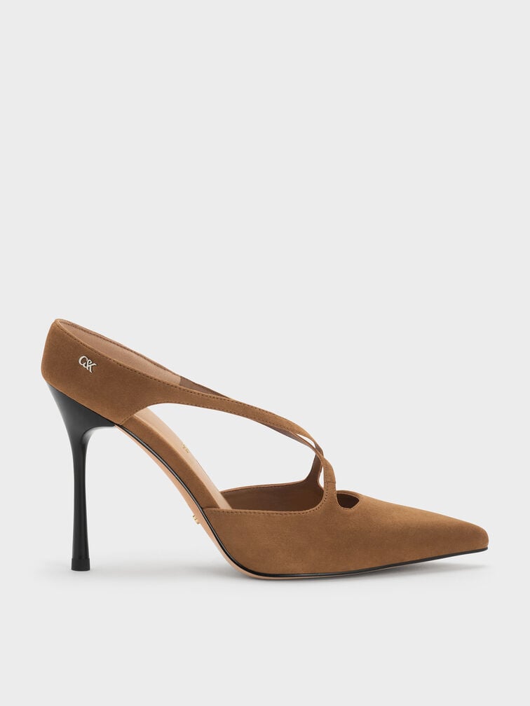 Kyra Suede Crossover-Strap Stiletto-Heel Mules, Brown, hi-res