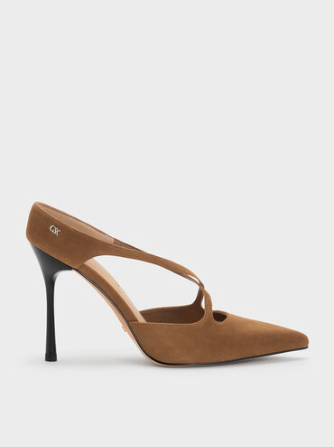 Kyra Suede Crossover-Strap Stiletto-Heel Mules, Brown, hi-res